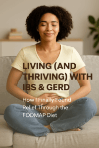 Calm and confident Black woman sitting in a bright kitchen enjoying a bowl of yogurt with herbs and ginger nearby, symbolizing gut health, balance, and self-care — ideal for an article about IBS, GERD, and the FODMAP diet.